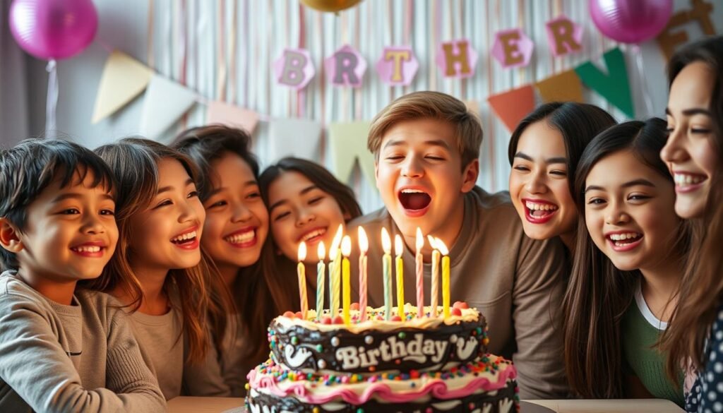 Happy teen blowing out candles on a birthday cake surrounded by friends