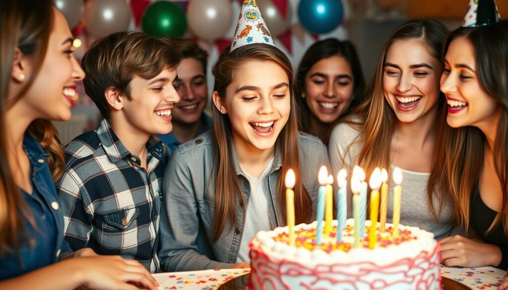 Happy teen celebrating birthday with friends, blowing out candles on cake