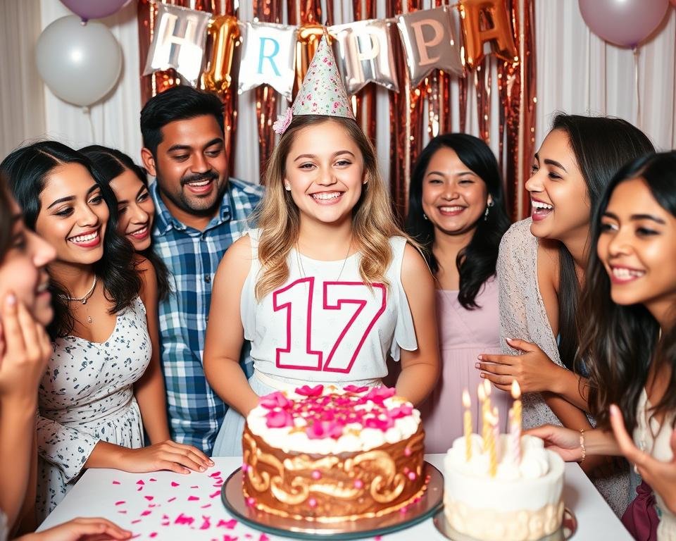 Happy teen girl celebrating her 17th birthday in stylish outfit