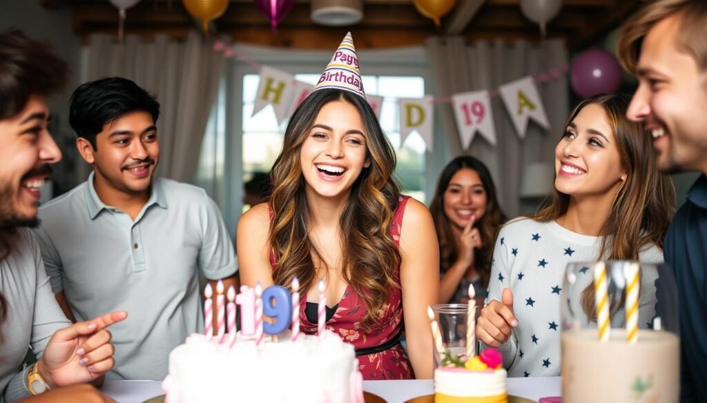 Happy young woman celebrating her 19th birthday in a stylish outfit
