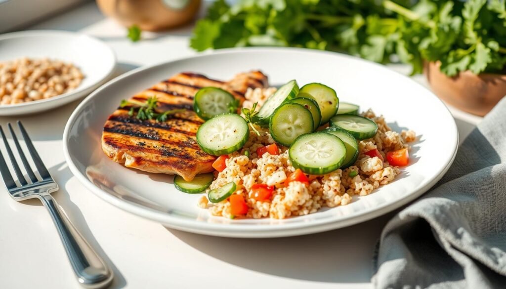 Healthy cucumber salad served alongside grilled chicken and quinoa