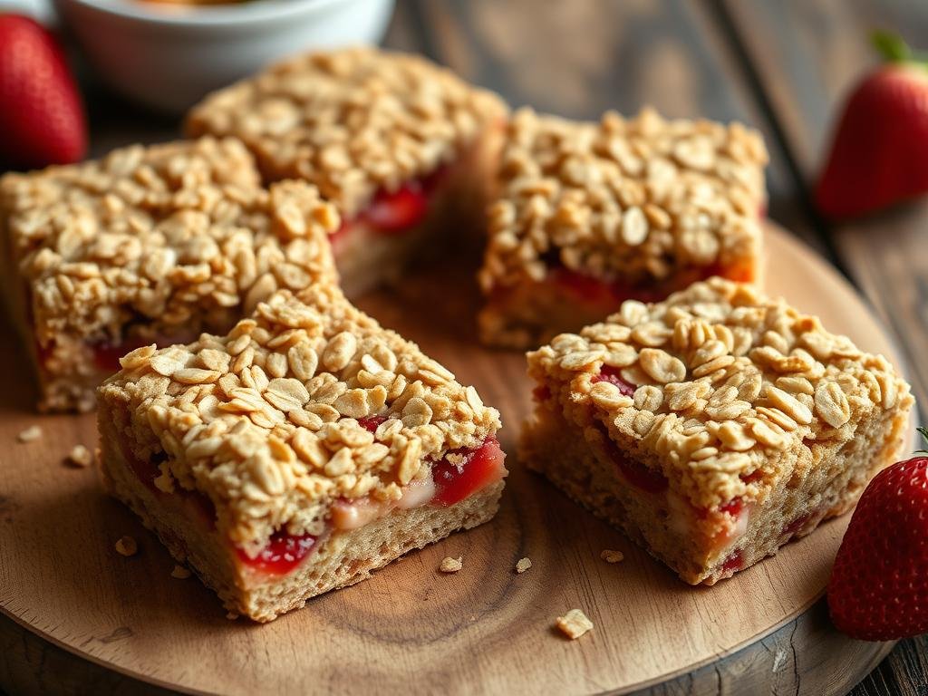 Healthy strawberry oatmeal bars cut into squares on a wooden board