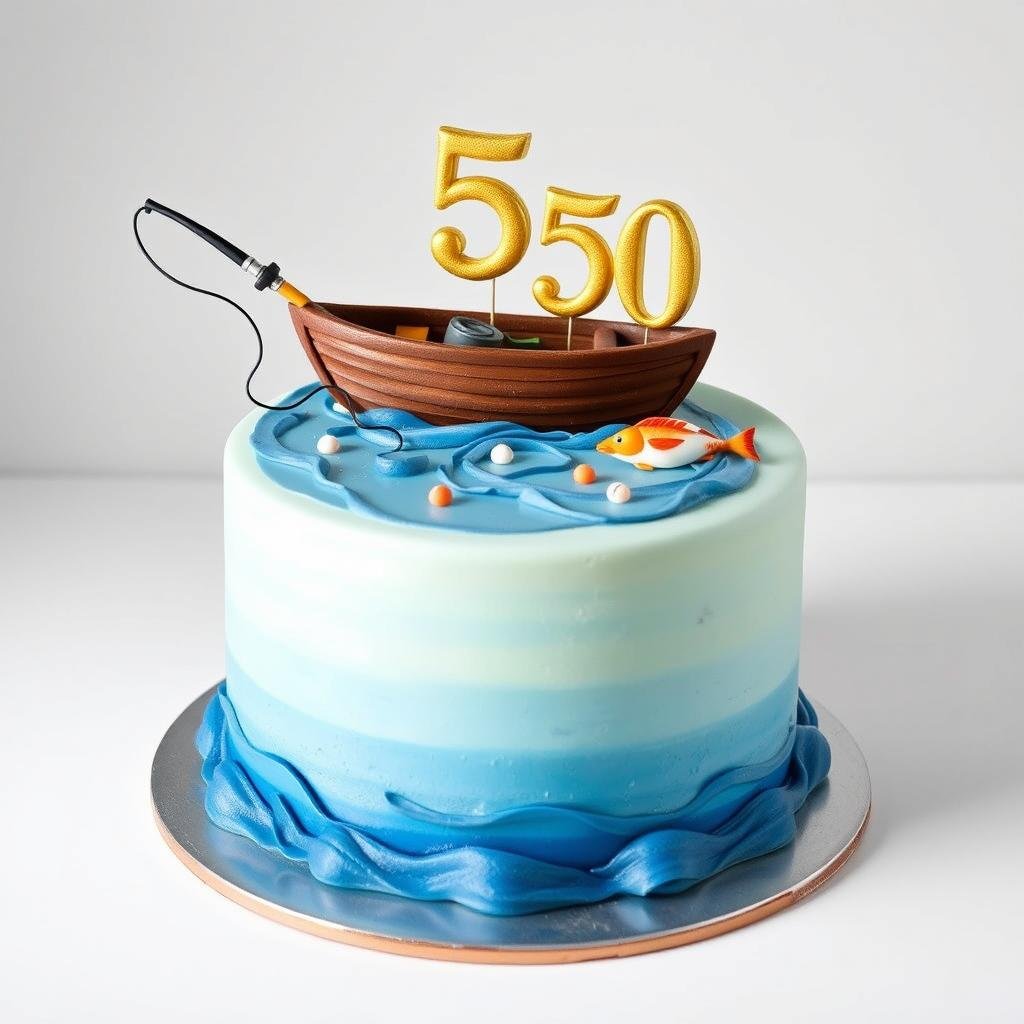Hobby-based 50th birthday cake for men featuring fishing theme