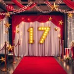 Hollywood glamour 17th birthday theme with red carpet, gold decorations, and movie-style photo backdrop