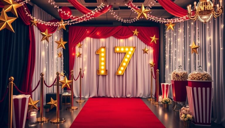 Hollywood glamour 17th birthday theme with red carpet, gold decorations, and movie-style photo backdrop