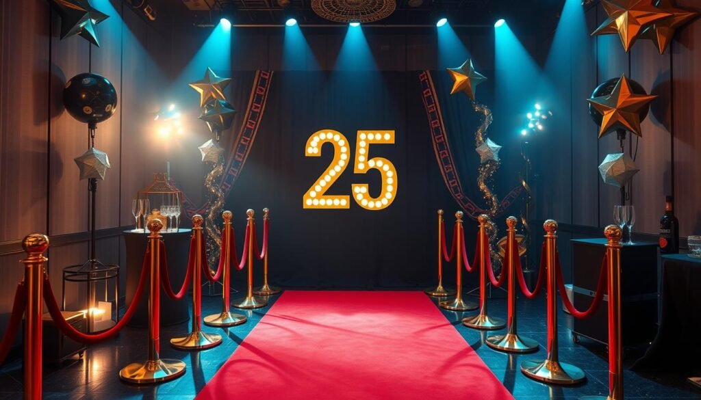 Hollywood glamour themed 25th birthday with red carpet, gold decorations, and movie-inspired elements Hollywood glamour themed 25th birthday with red carpet, gold decorations, and movie-inspired elements