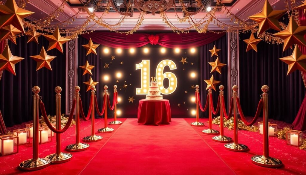 Hollywood red carpet Sweet 16 party setup with gold decorations and a step-and-repeat photo backdrop
