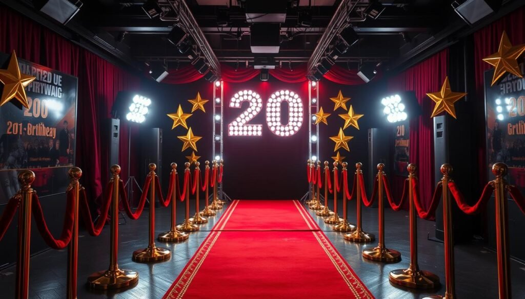 Hollywood red carpet setup for a 20th birthday with spotlights and star decorations