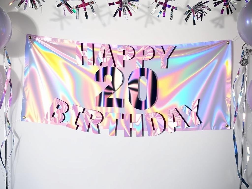 Holographic 20th birthday banner with iridescent design Holographic 20th birthday banner with iridescent design