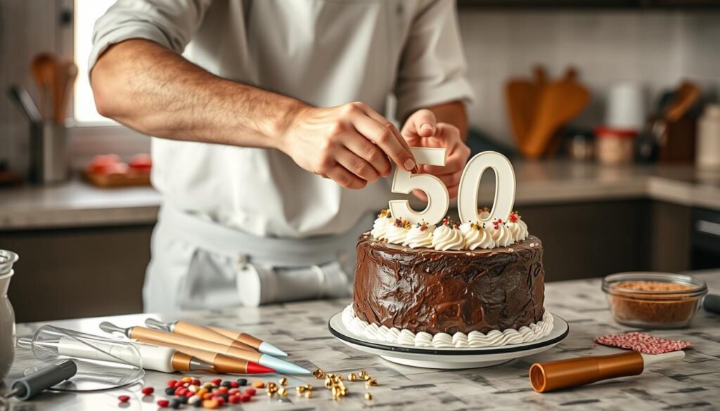 Home baker decorating a 50th birthday cake for men