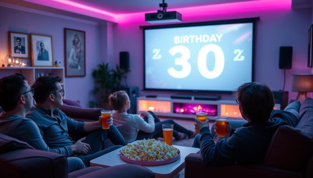 Home movie theater setup for 30th birthday celebration