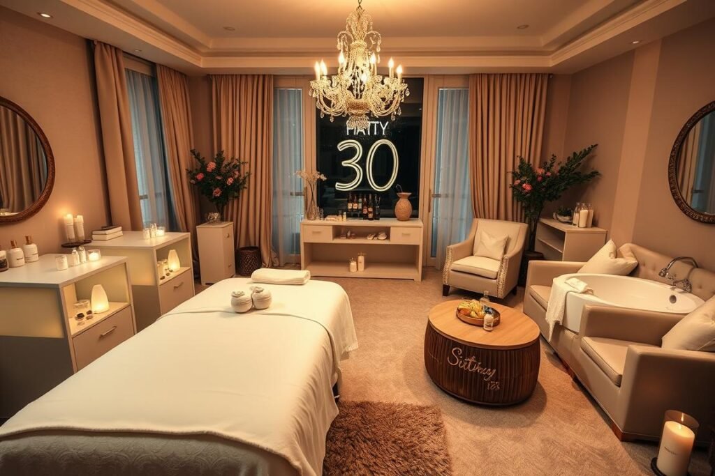 Home spa setup for 30th birthday with massage area, facial stations, and relaxation zone
