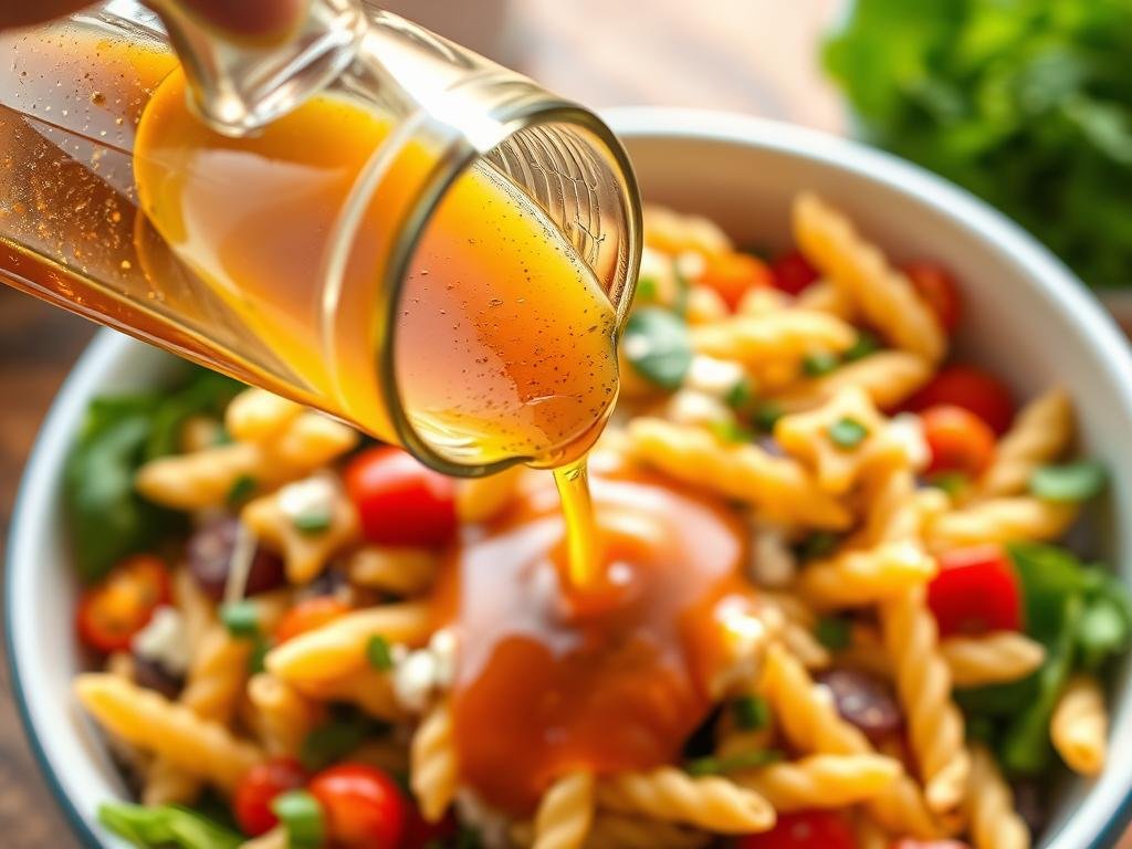 Homemade Italian dressing being poured over pasta salad ingredients
