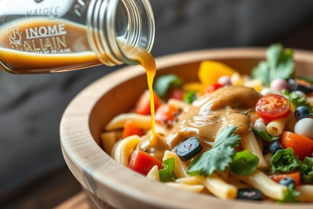 Homemade Italian dressing being poured over pasta salad ingredients