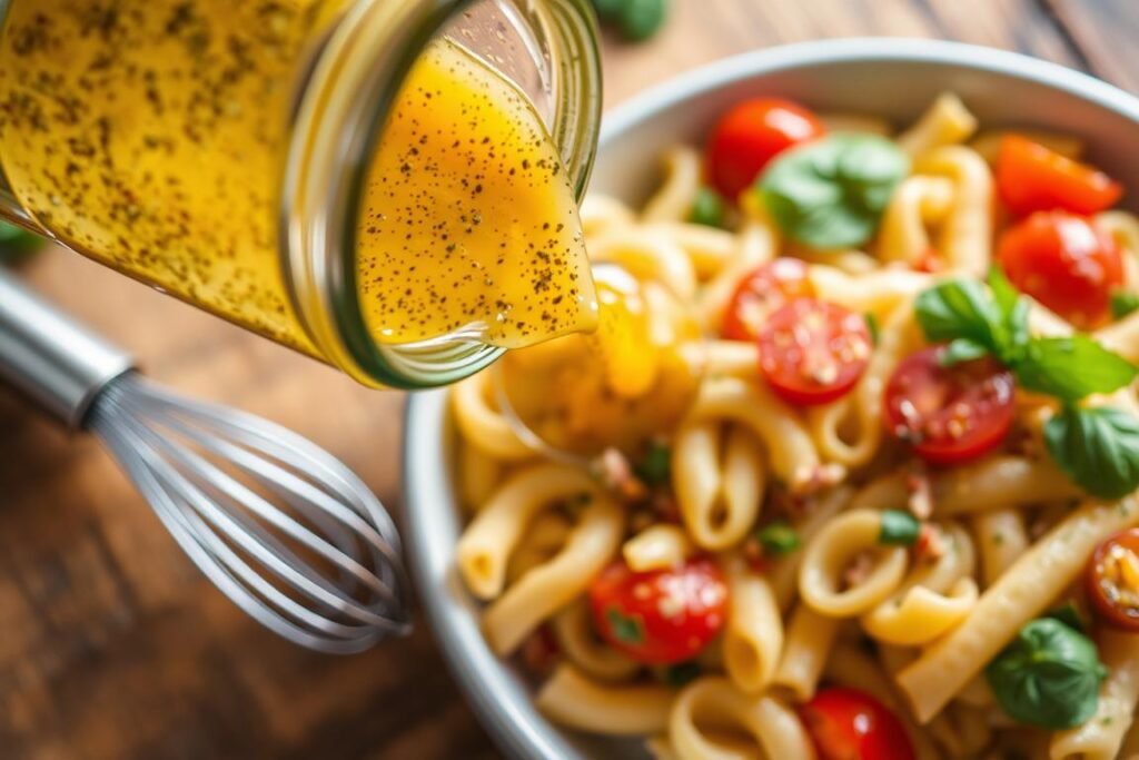 Homemade Italian dressing being poured over pasta salad with herbs visible in the dressing Homemade Italian dressing being poured over pasta salad with herbs visible in the dressing