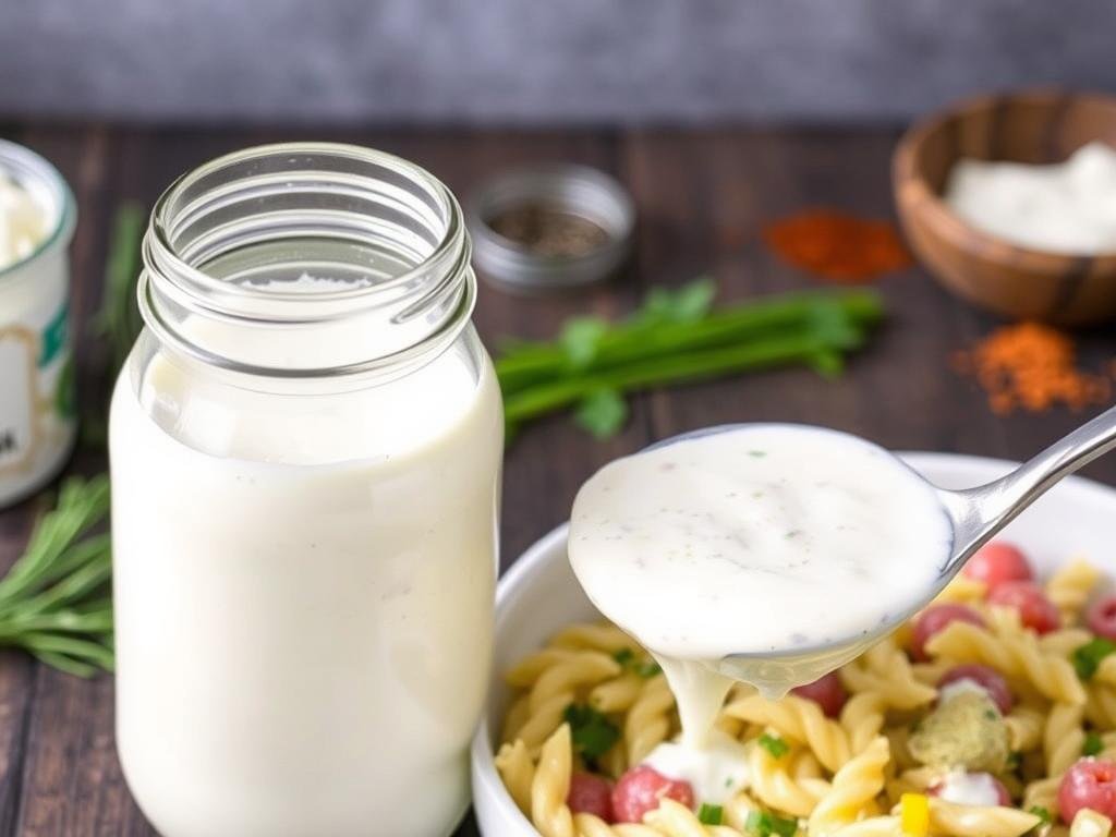 Homemade ranch dressing being poured over pasta salad ingredients Homemade ranch dressing being poured over pasta salad ingredients