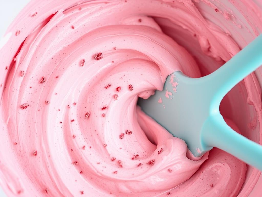 Homemade strawberry buttercream frosting in a mixing bowl with freeze-dried strawberry powder