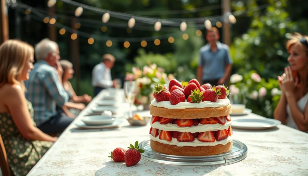 Homemade strawberry cake at a summer garden party Homemade strawberry cake at a summer garden party