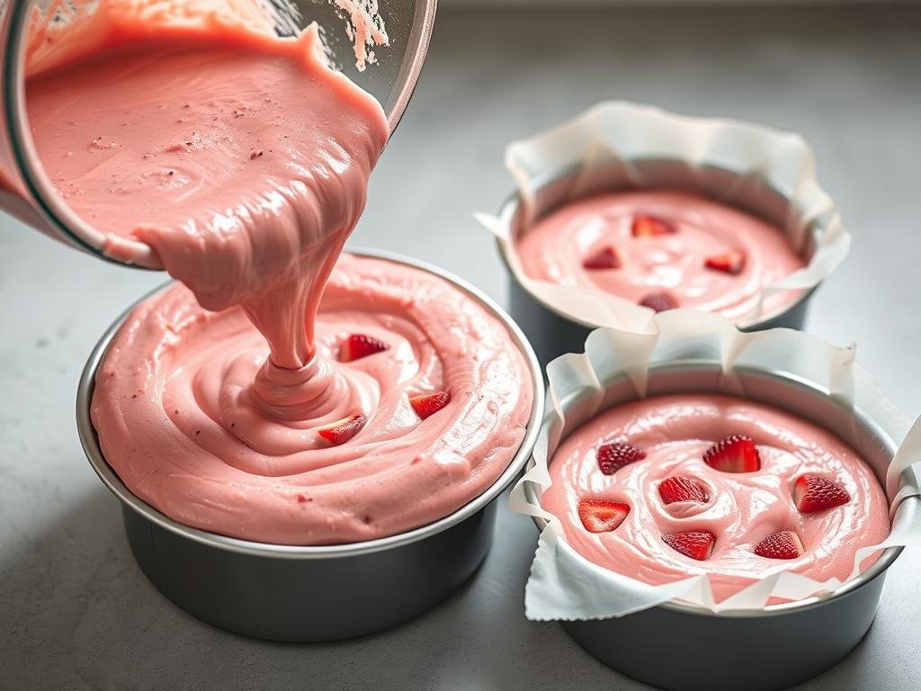 Homemade strawberry cake batter being poured into prepared cake pans