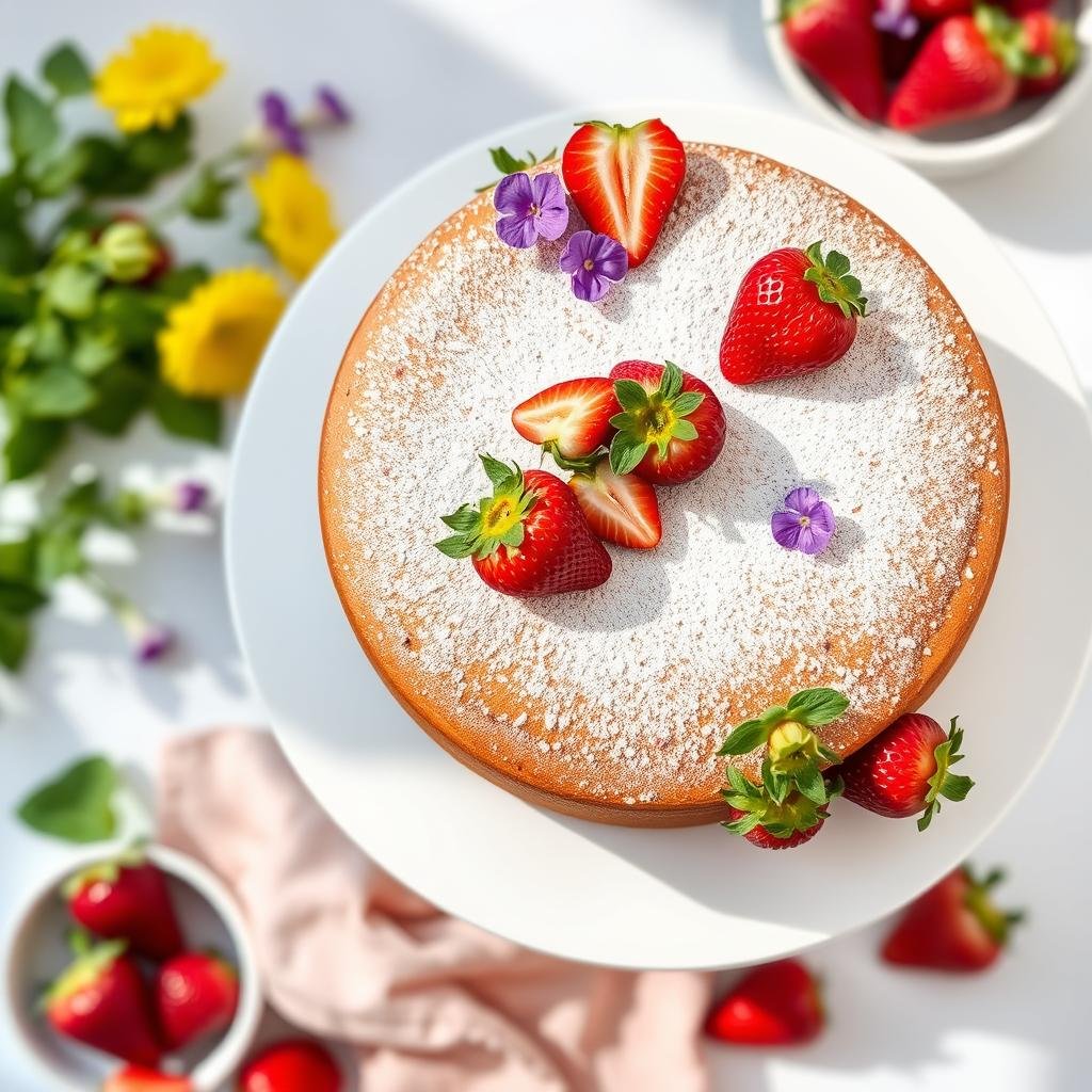Homemade strawberry cake decorated with fresh strawberries and flowers Homemade strawberry cake decorated with fresh strawberries and flowers
