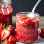 Homemade strawberry cake filling in a glass jar next to fresh strawberries