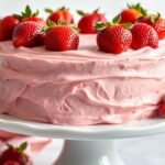 Homemade strawberry cake with fresh strawberry buttercream frosting and decorated with fresh berries on top