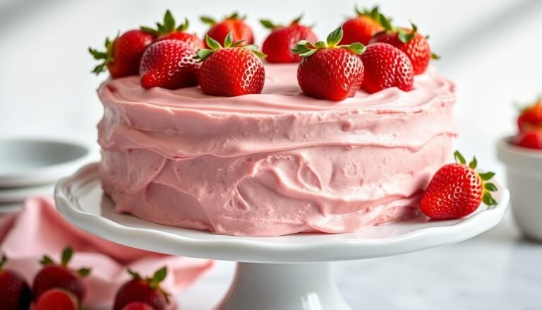 Homemade strawberry cake with fresh strawberry buttercream frosting and decorated with fresh berries on top