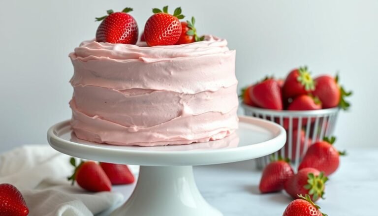 Homemade strawberry cake with pink frosting and fresh strawberries on top