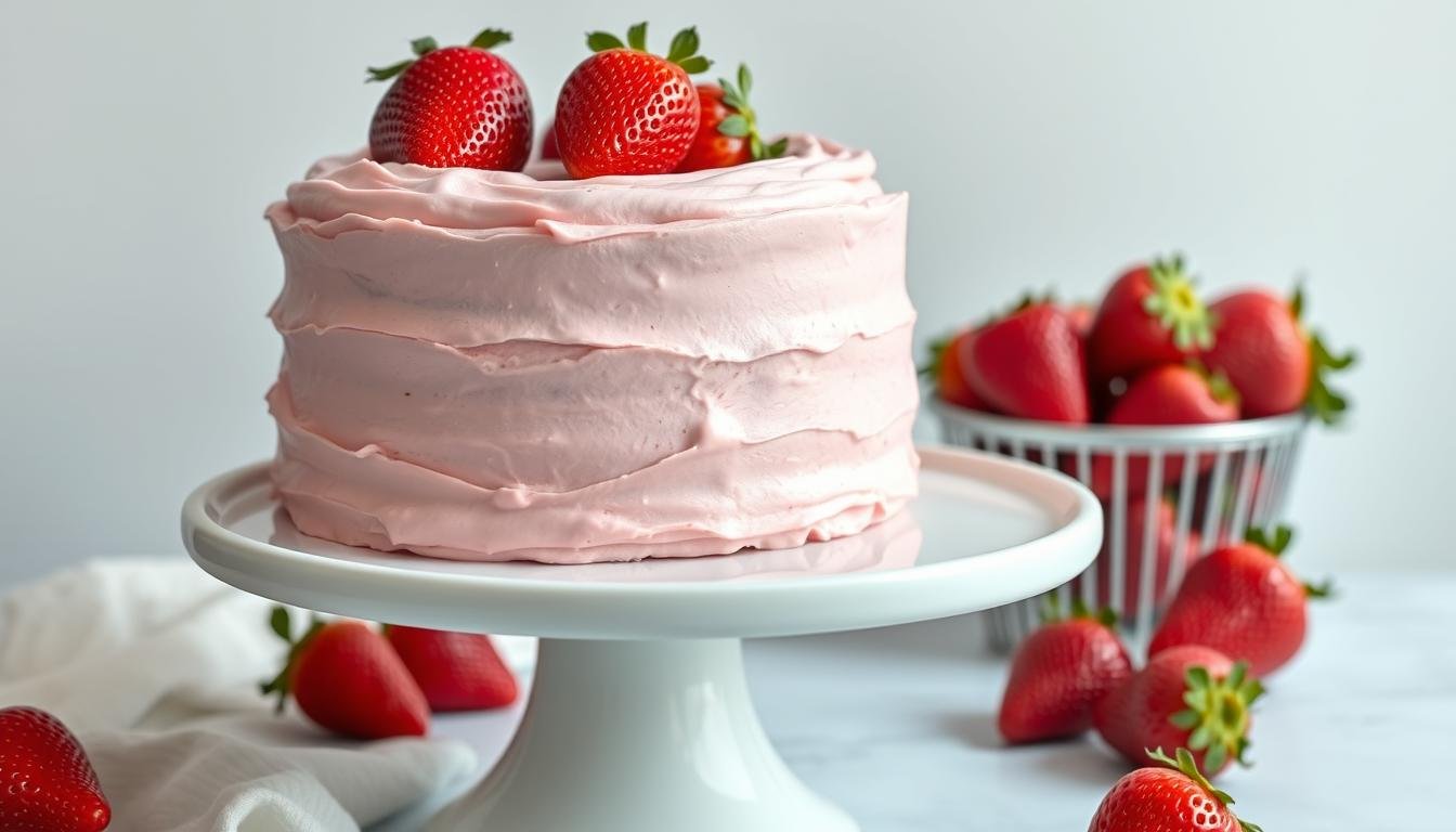 Homemade strawberry cake with pink frosting and fresh strawberries on top