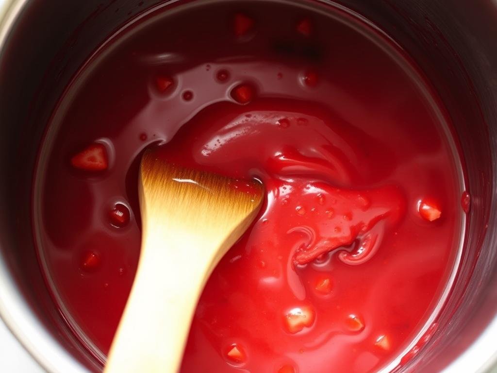 Homemade strawberry filling being cooked in a saucepan