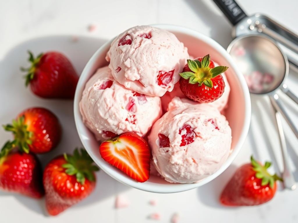 Homemade strawberry ice cream in a bowl with fresh strawberries scattered around