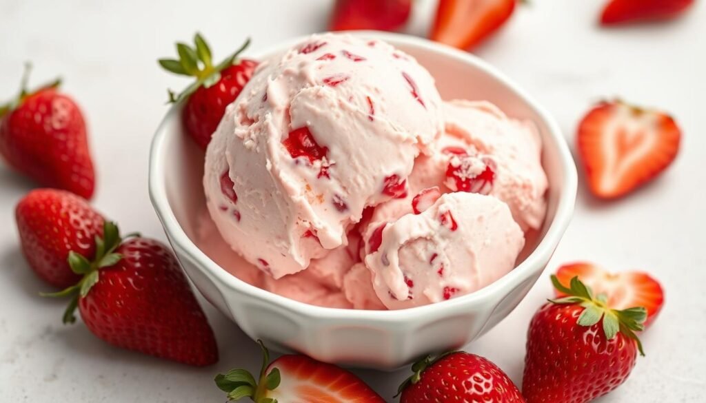 Homemade strawberry ice cream in a bowl with fresh strawberries scattered around Homemade strawberry ice cream in a bowl with fresh strawberries scattered around