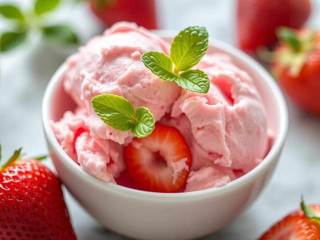 Homemade strawberry ice cream in a bowl with fresh strawberries