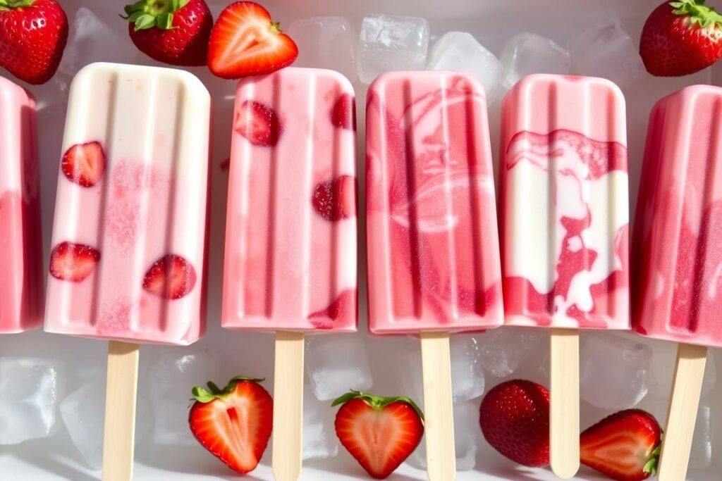Homemade strawberry popsicles in a row showing different variations