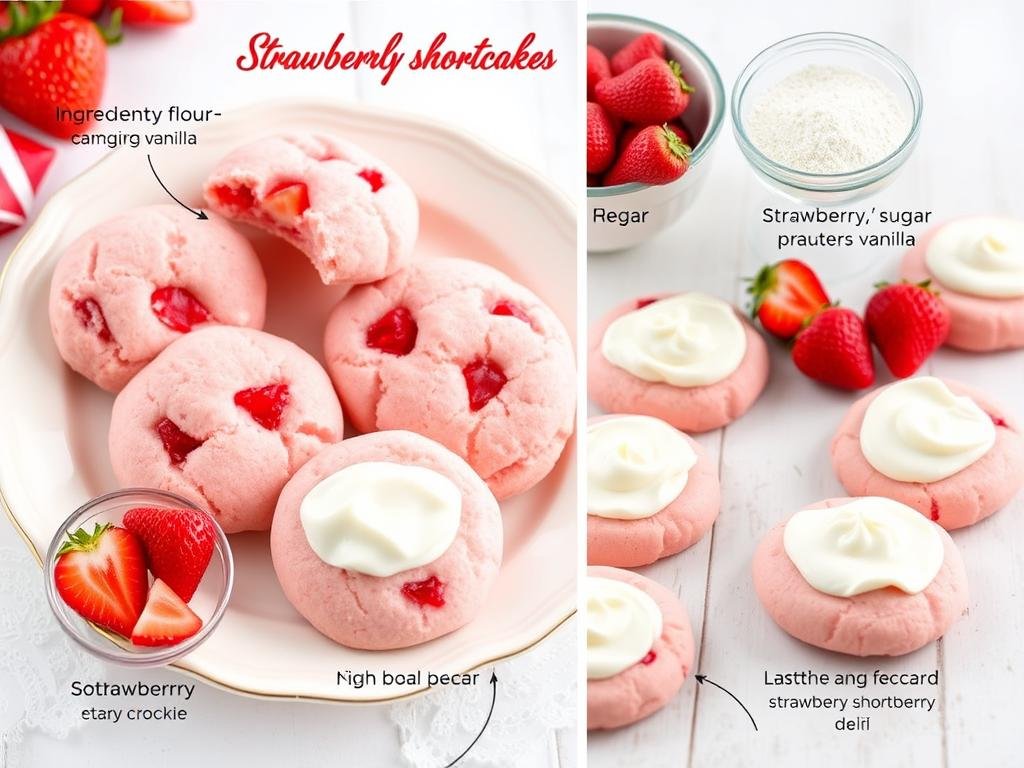 Homemade strawberry shortcake cookies with pink frosting and strawberry pieces