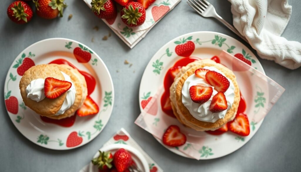 Homemade strawberry shortcake dessert styled with vintage Strawberry Shortcake themed tableware