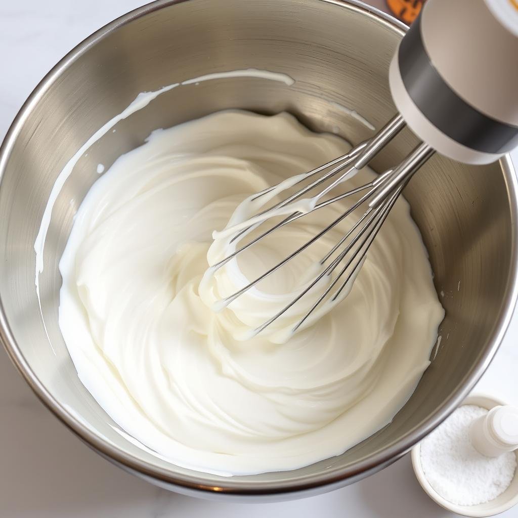 Homemade whipped cream being prepared in a mixing bowl