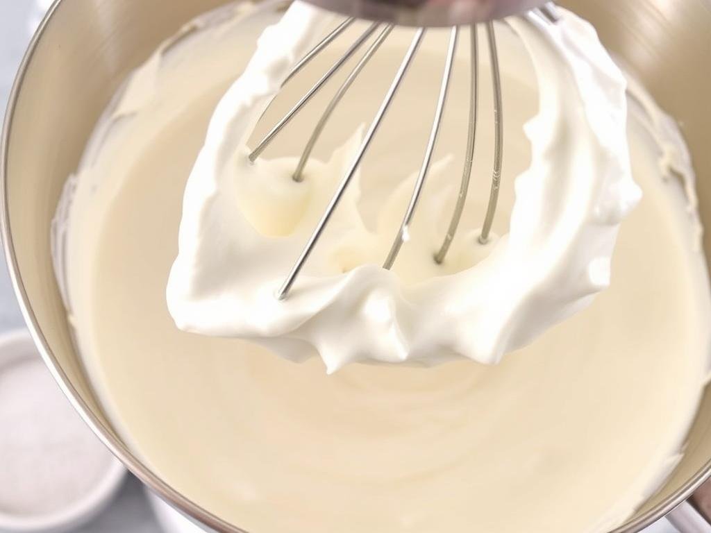 Homemade whipped cream being whipped to soft peaks in a mixer
