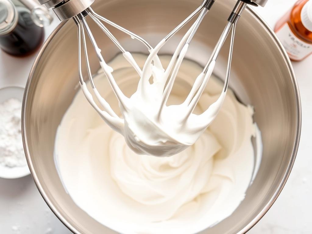 Homemade whipped cream with soft peaks in a mixing bowl with beaters