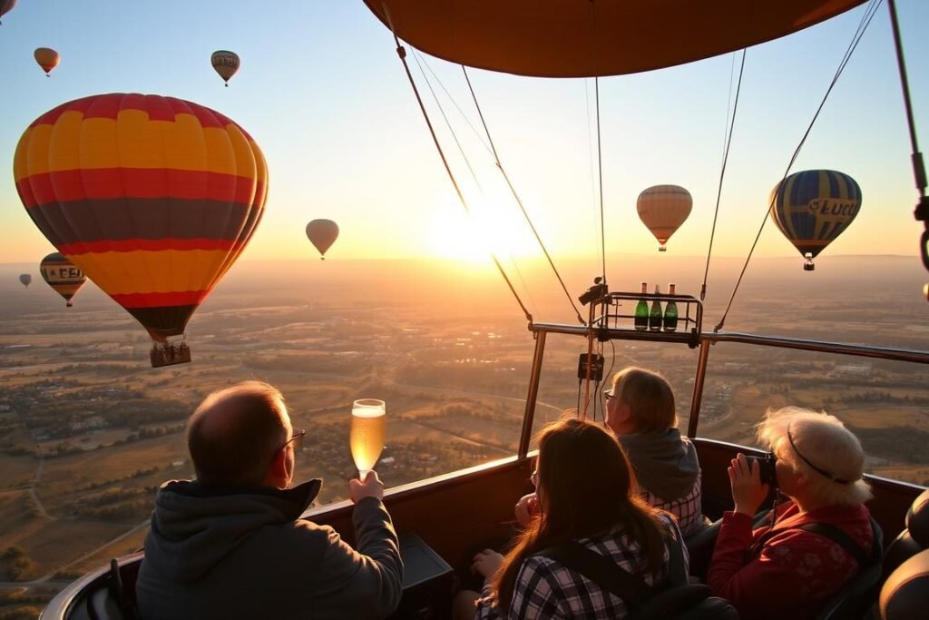Hot air balloon ride at sunrise for a 30th birthday celebration with champagne toast