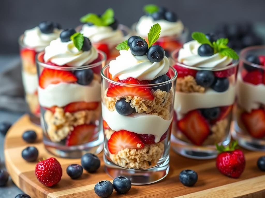 Individual servings of blueberry muffin strawberry shortcake in dessert glasses Individual servings of blueberry muffin strawberry shortcake in dessert glasses
