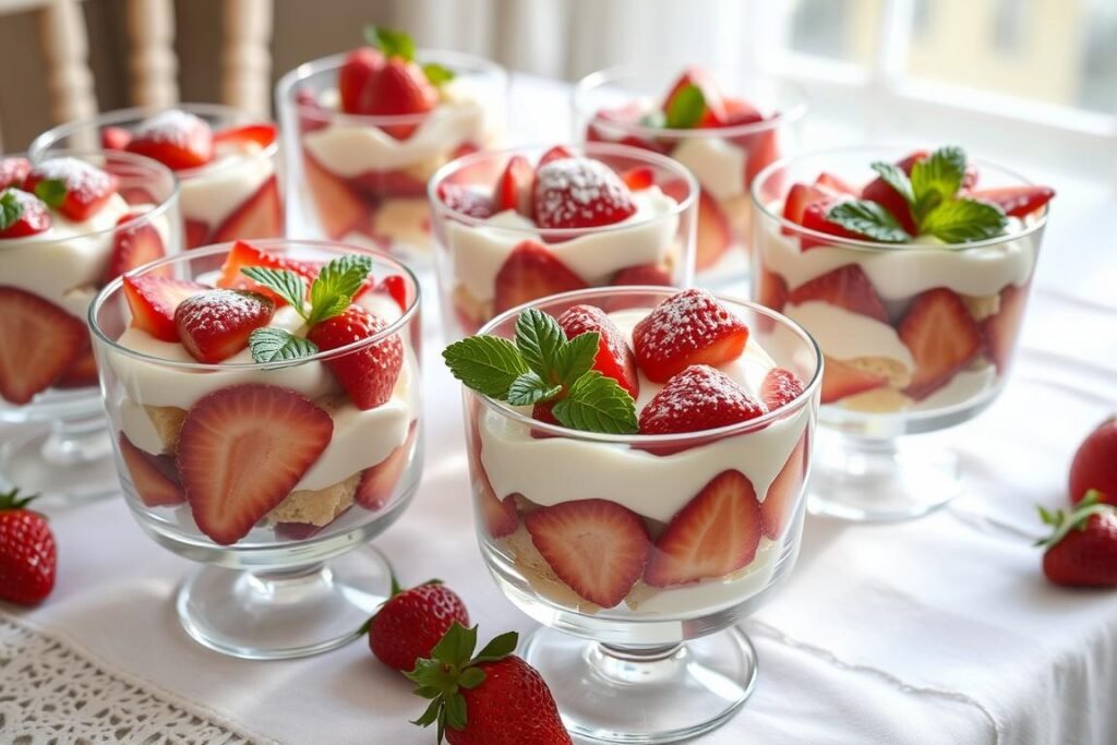 Individual strawberry shortcake trifles in clear glass bowls