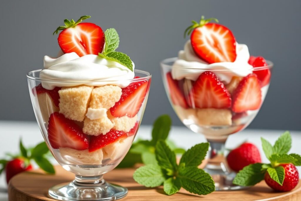 Individual trifle-style angel cake strawberry shortcake served in clear glasses