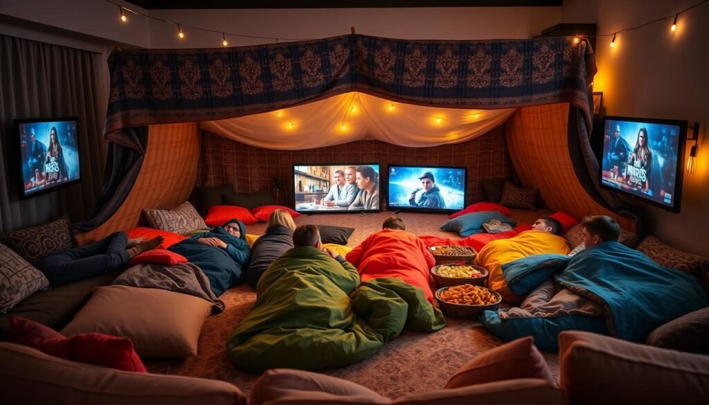 Indoor movie marathon sleepover setup with blanket fort, snacks, and multiple screens
