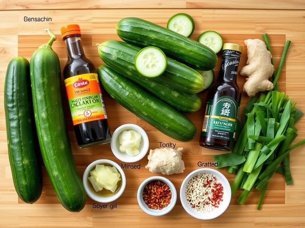 Ingredients for Asian cucumber salad laid out on a wooden surface including cucumbers, rice vinegar, soy sauce, sesame oil, and garnishes Ingredients for Asian cucumber salad laid out on a wooden surface including cucumbers, rice vinegar, soy sauce, sesame oil, and garnishes