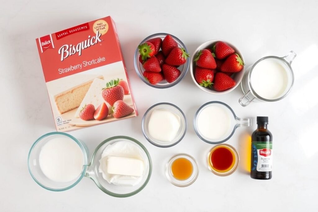 Ingredients for Bisquick strawberry shortcake laid out on a kitchen counter