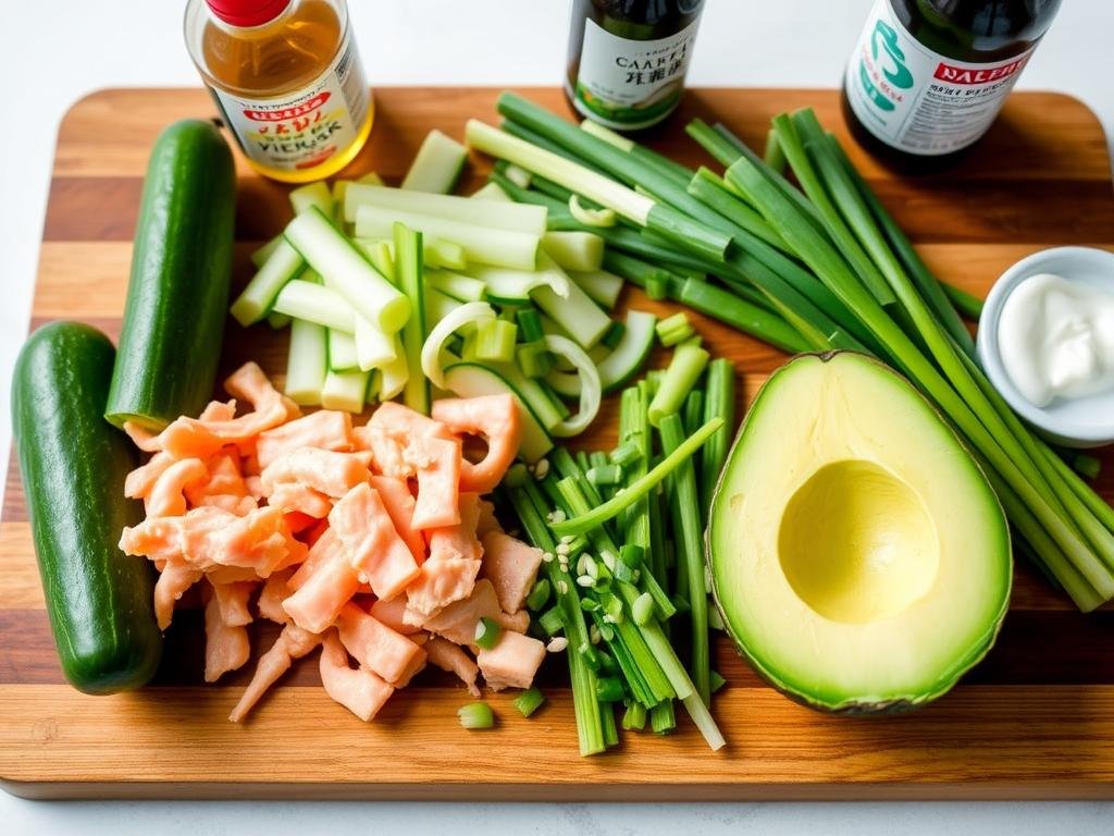 Ingredients for California Roll Cucumber Salad laid out on a cutting board Ingredients for California Roll Cucumber Salad laid out on a cutting board