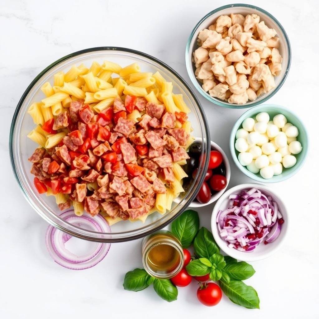 Ingredients for Italian chicken pasta salad laid out before mixing