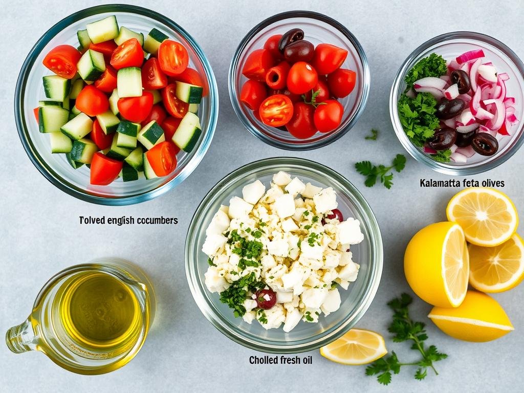 Ingredients for Mediterranean cucumber salad measured and arranged in small bowls Ingredients for Mediterranean cucumber salad measured and arranged in small bowls