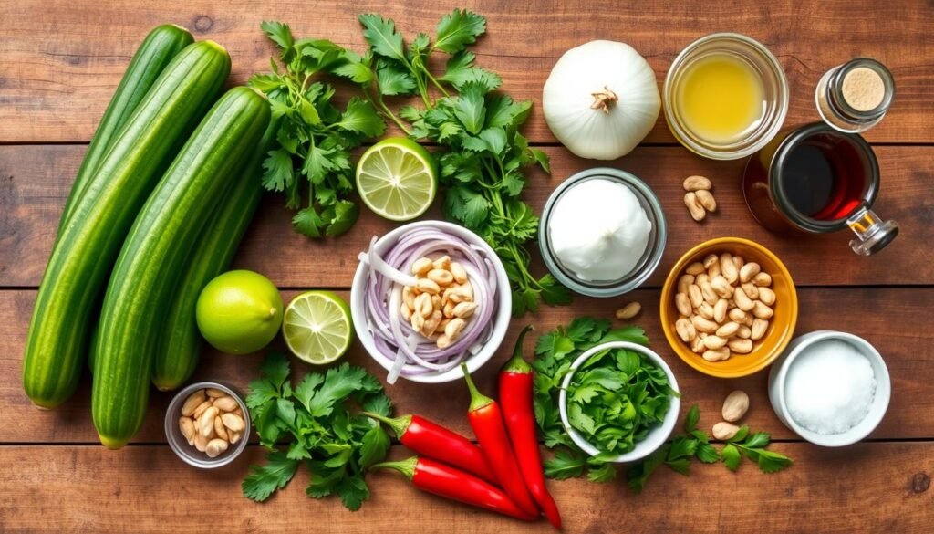 Ingredients for Thai cucumber salad arranged on a wooden table